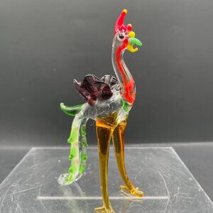 Miniature Art Glass Standing Fowl Peacock Applied Colors Purple Wings Fantasy